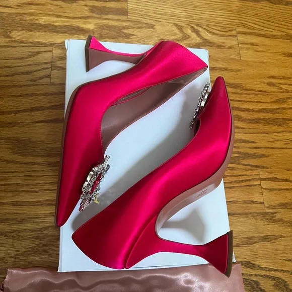 AMINA MUADDI Begum Fuchsia embellished satin pumps in 40.5 - Picture 2 of 11